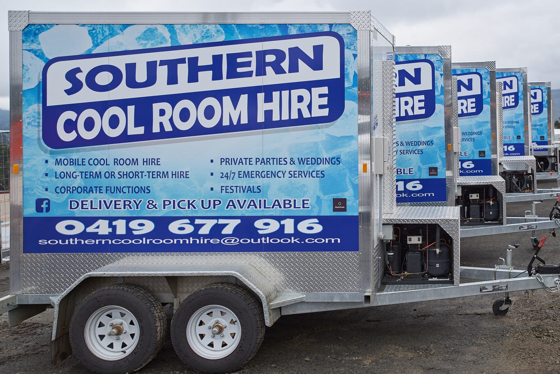Side view of a Southern Cool Room Hire mobile cool room trailer
