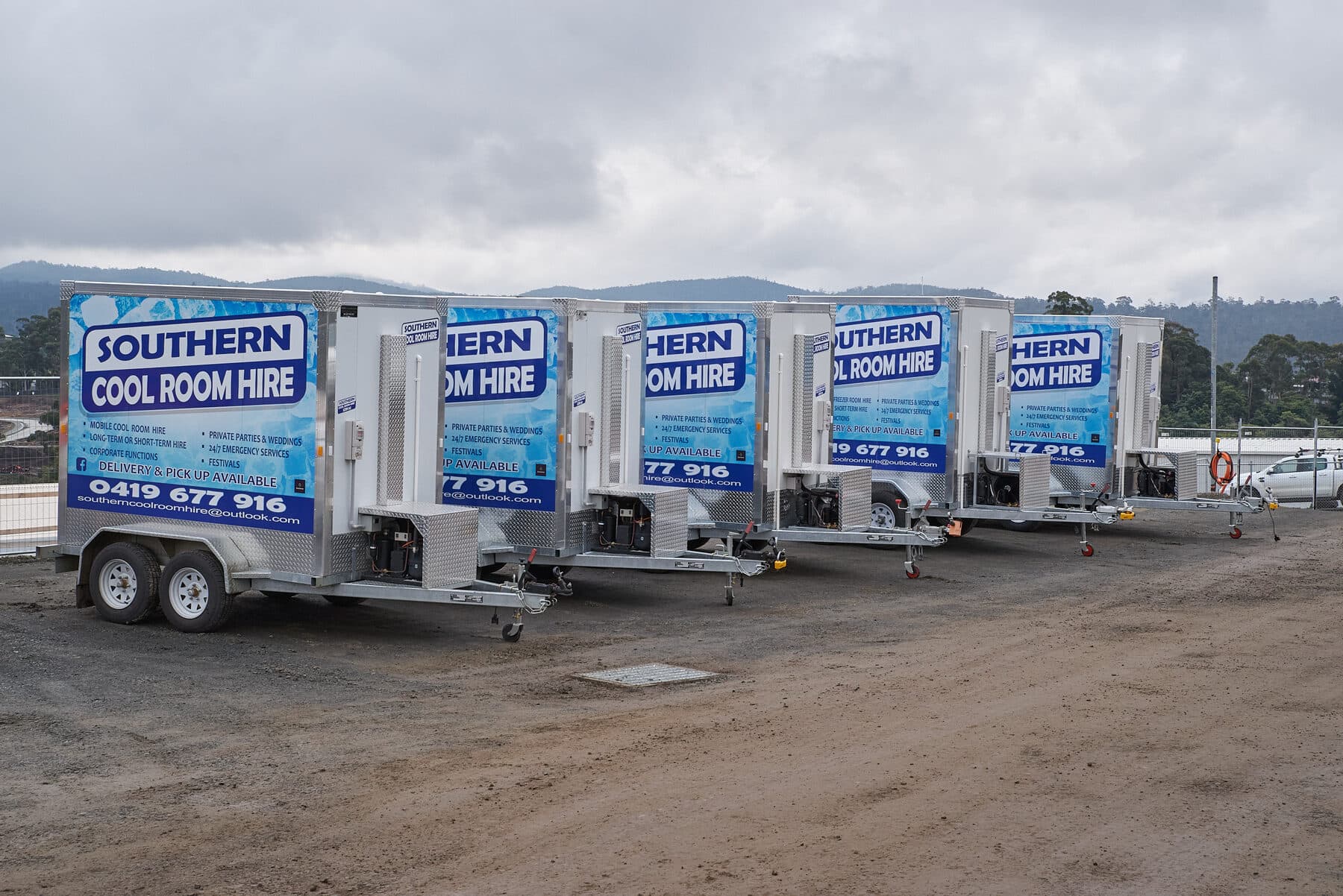 The Southern Cool Room Hire fleet lined up in the yard