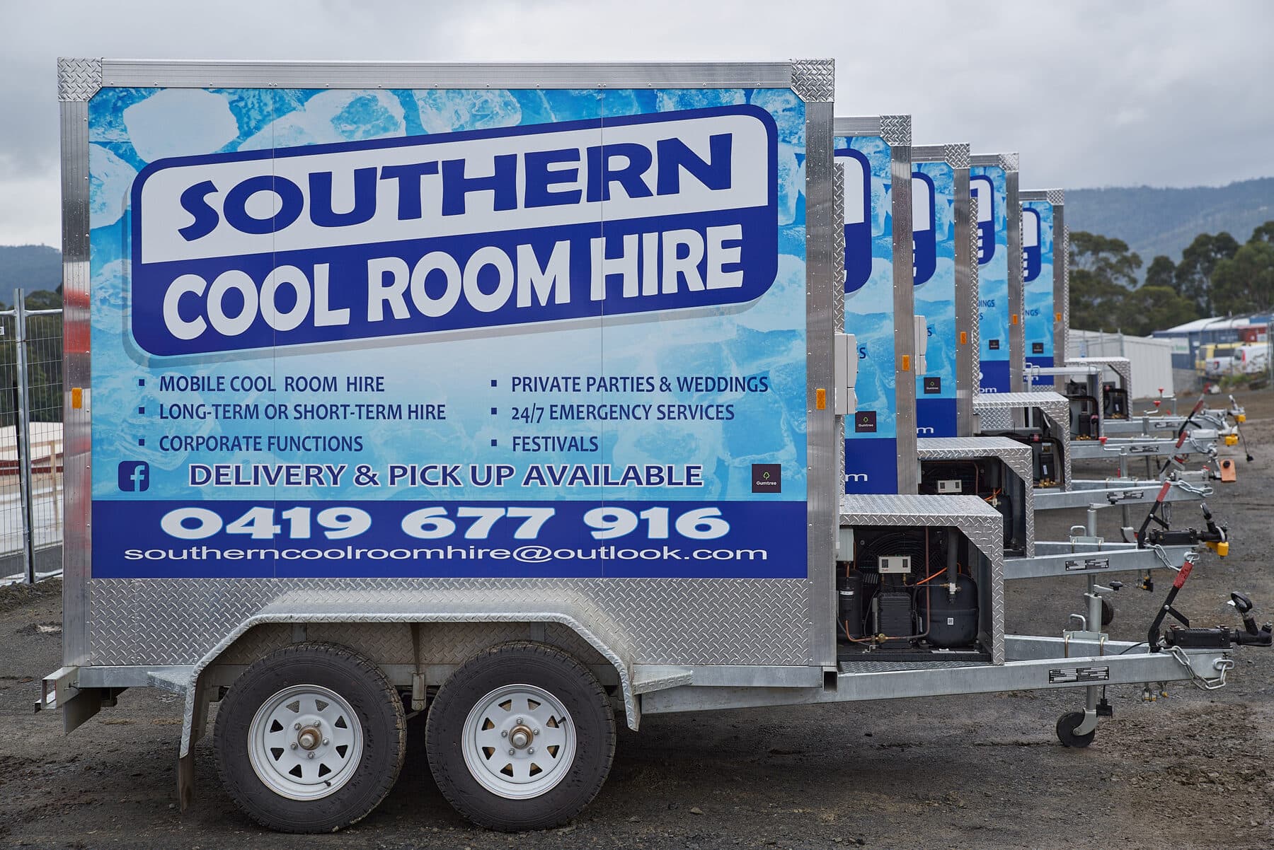 A Southern Cool Room Hire trailer side-on, signwriting visible