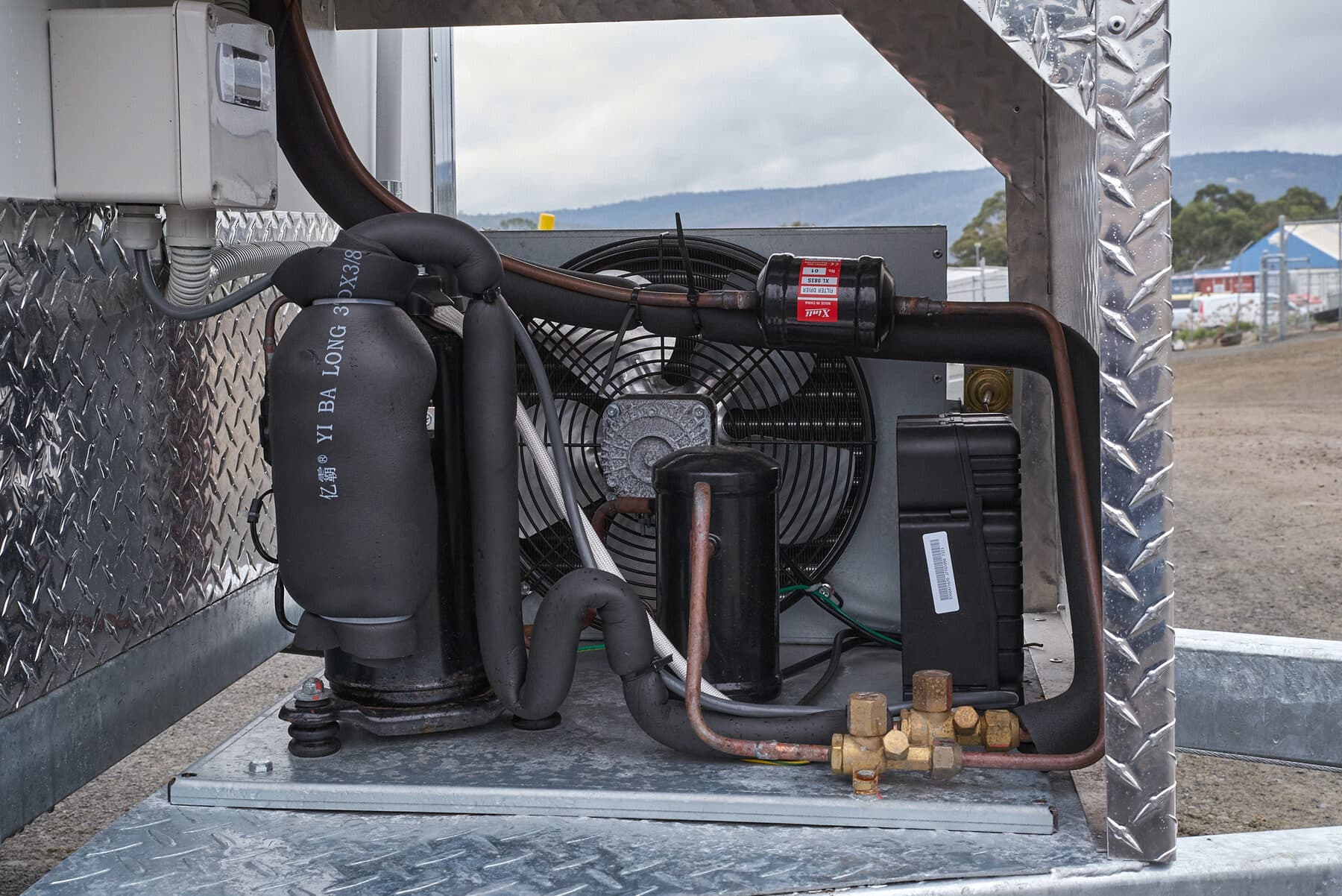 Close view of the refrigeration unit fitted to a trailer