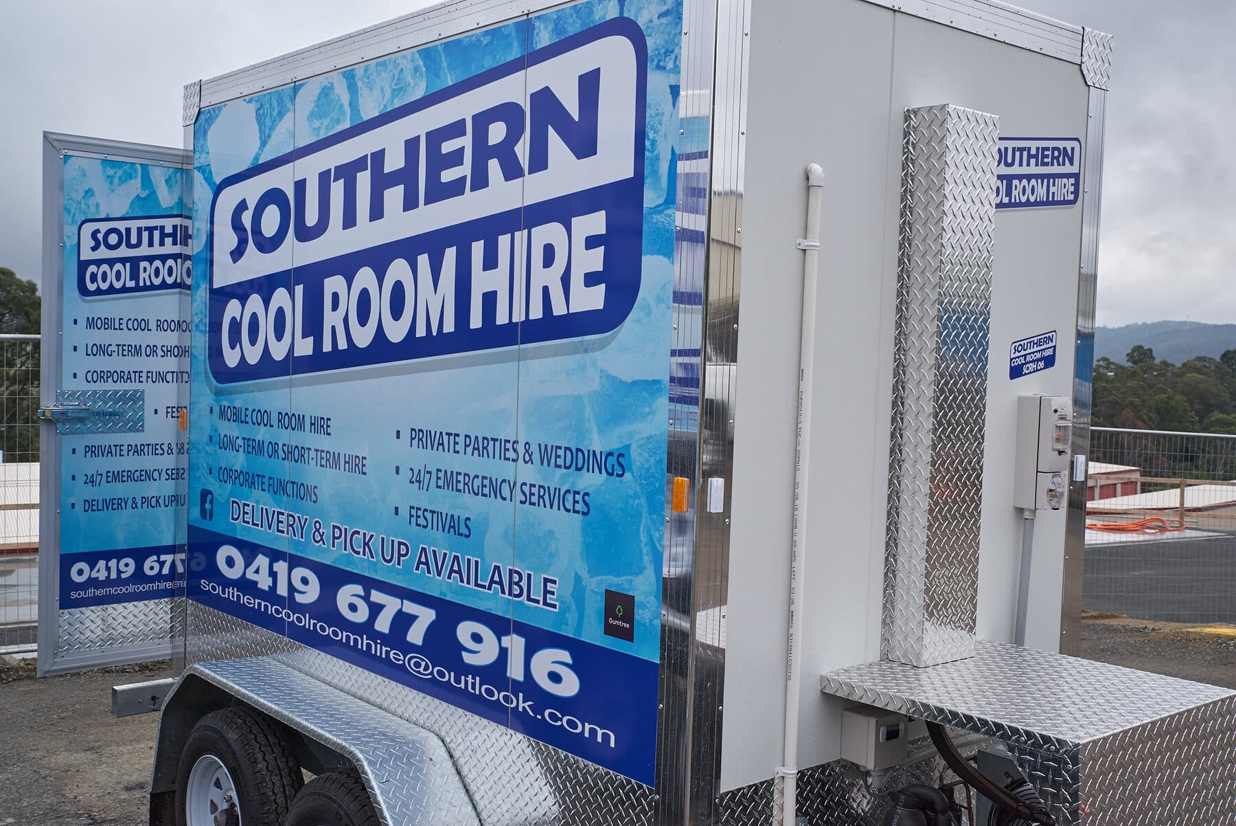 A Southern Cool Room Hire trailer photographed from the front corner