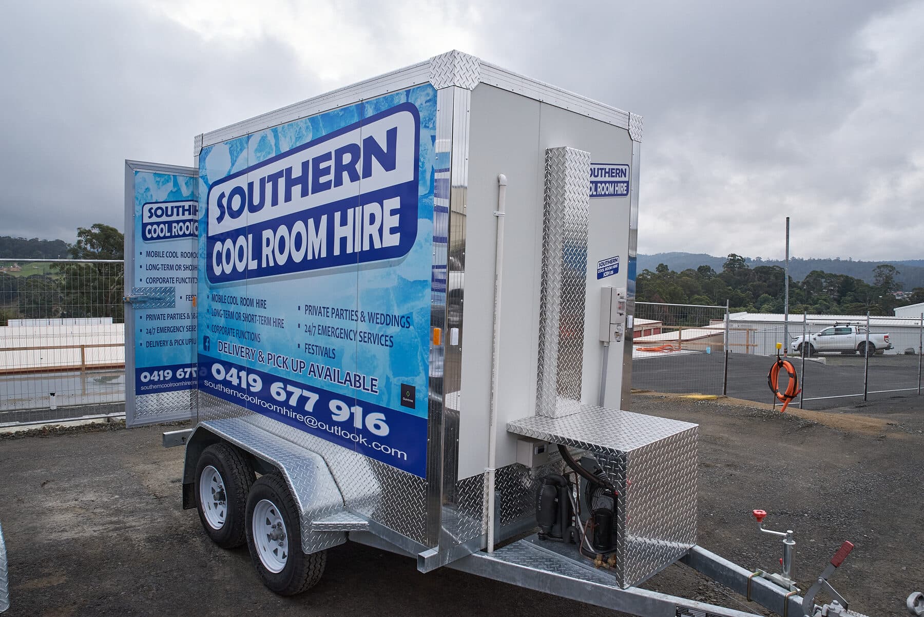 A Southern Cool Room Hire trailer photographed side-on in the yard